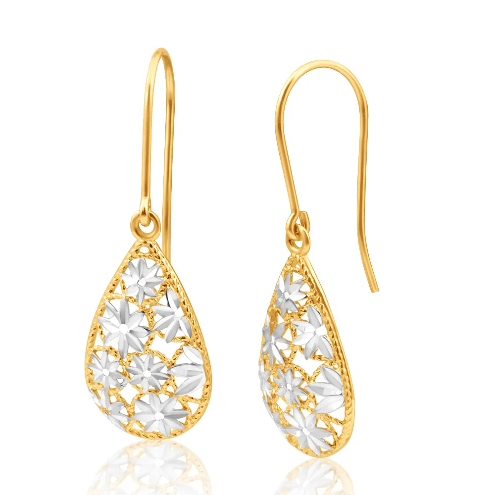 9ct Yellow Gold & White Gold Filigree Flower Tear Drop Earrings