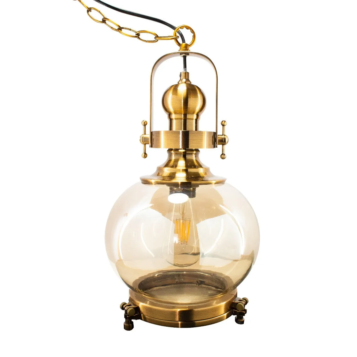 ANTIQUE BRASS GLASS GLOBE HANGING LIGHT