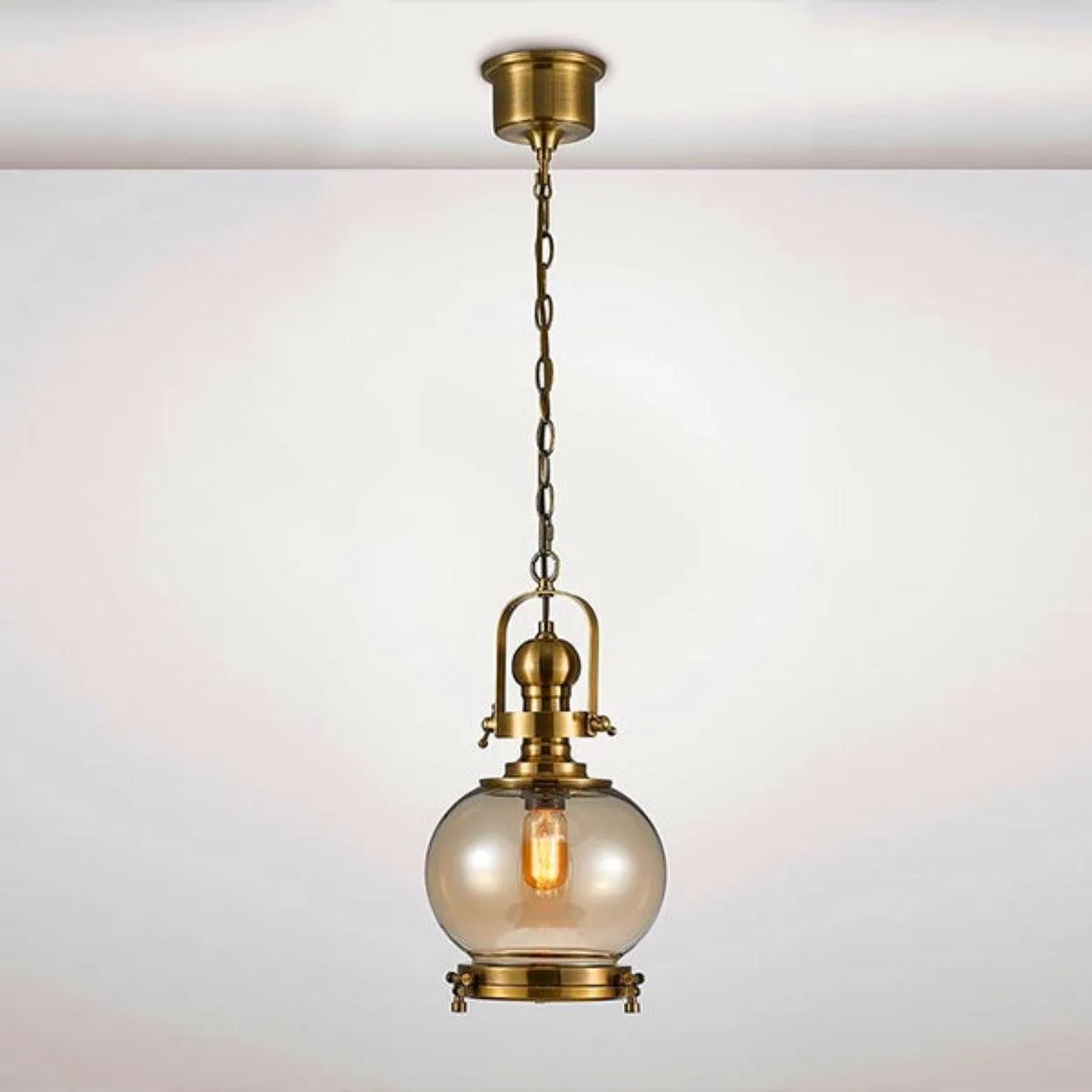 ANTIQUE BRASS GLASS GLOBE HANGING LIGHT