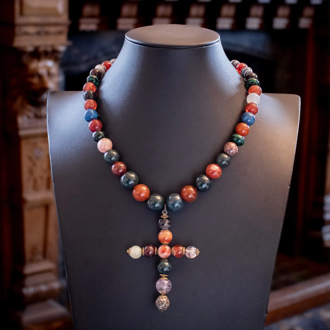 Antique Georgian Agate Glass Bead Cross Necklace