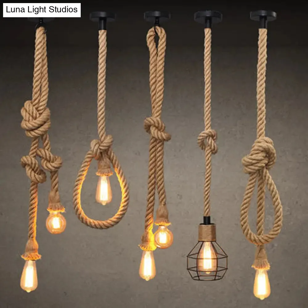 Bare Bulb Design Hemp Rope Ceiling Pendant Light - Brown Knot, Farmhouse Style