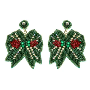 Beaded Bow Earrings - Green