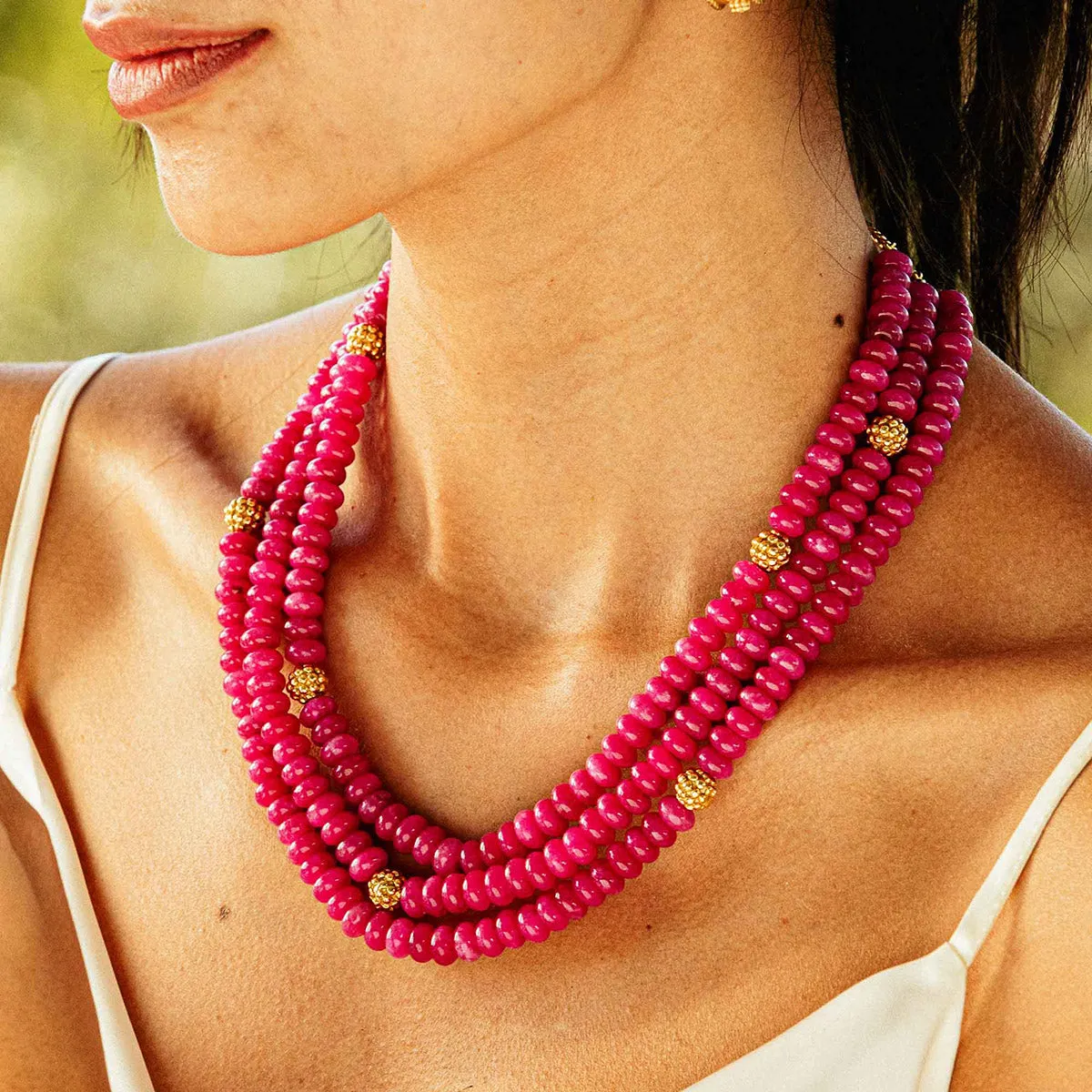 Berry & Bead Triple Strand Necklace, 18" 2'' - Peony Jade