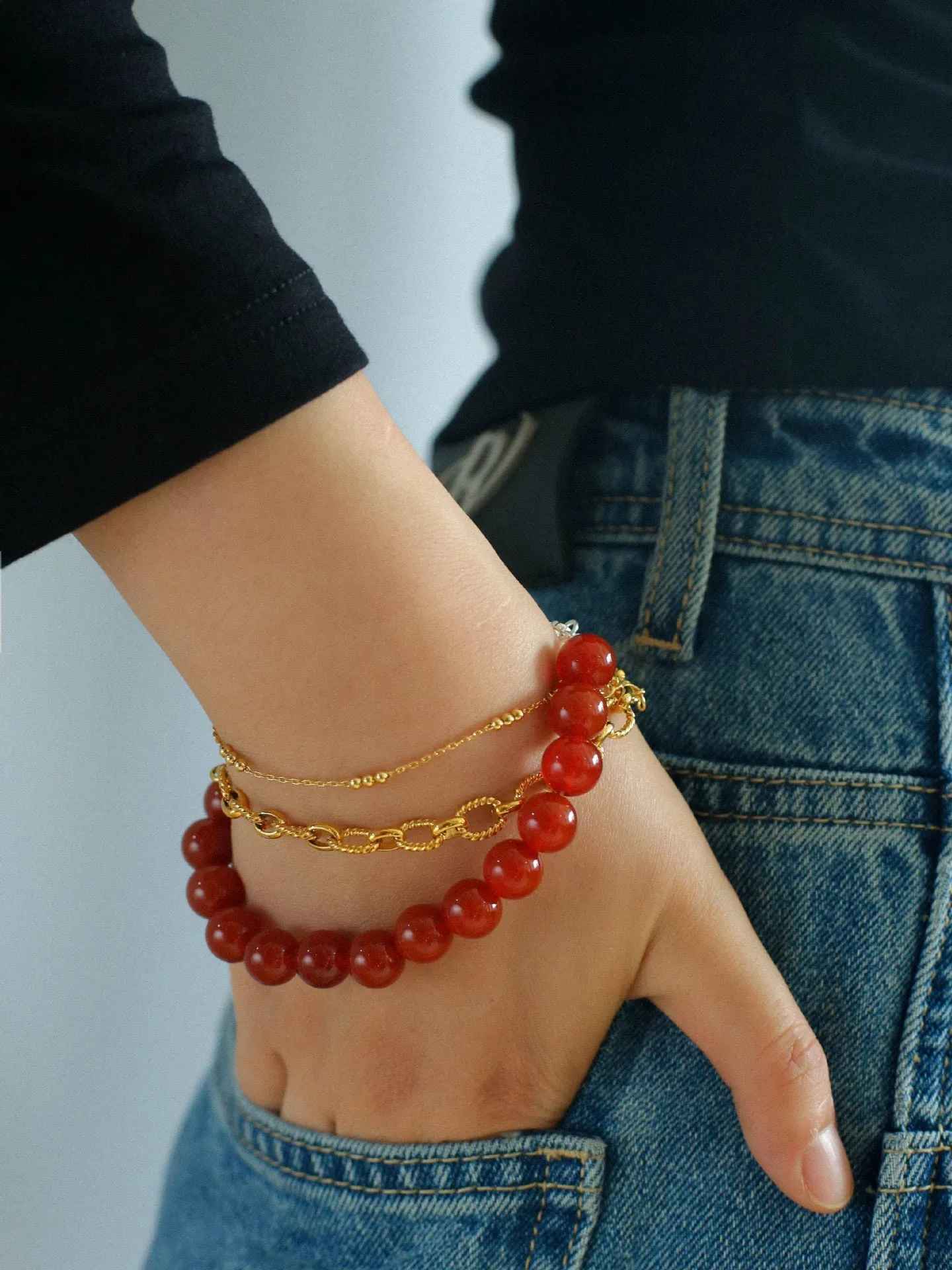 Black  Agate Red  Agate Yellow Jade 10mm Beaded Bracelet