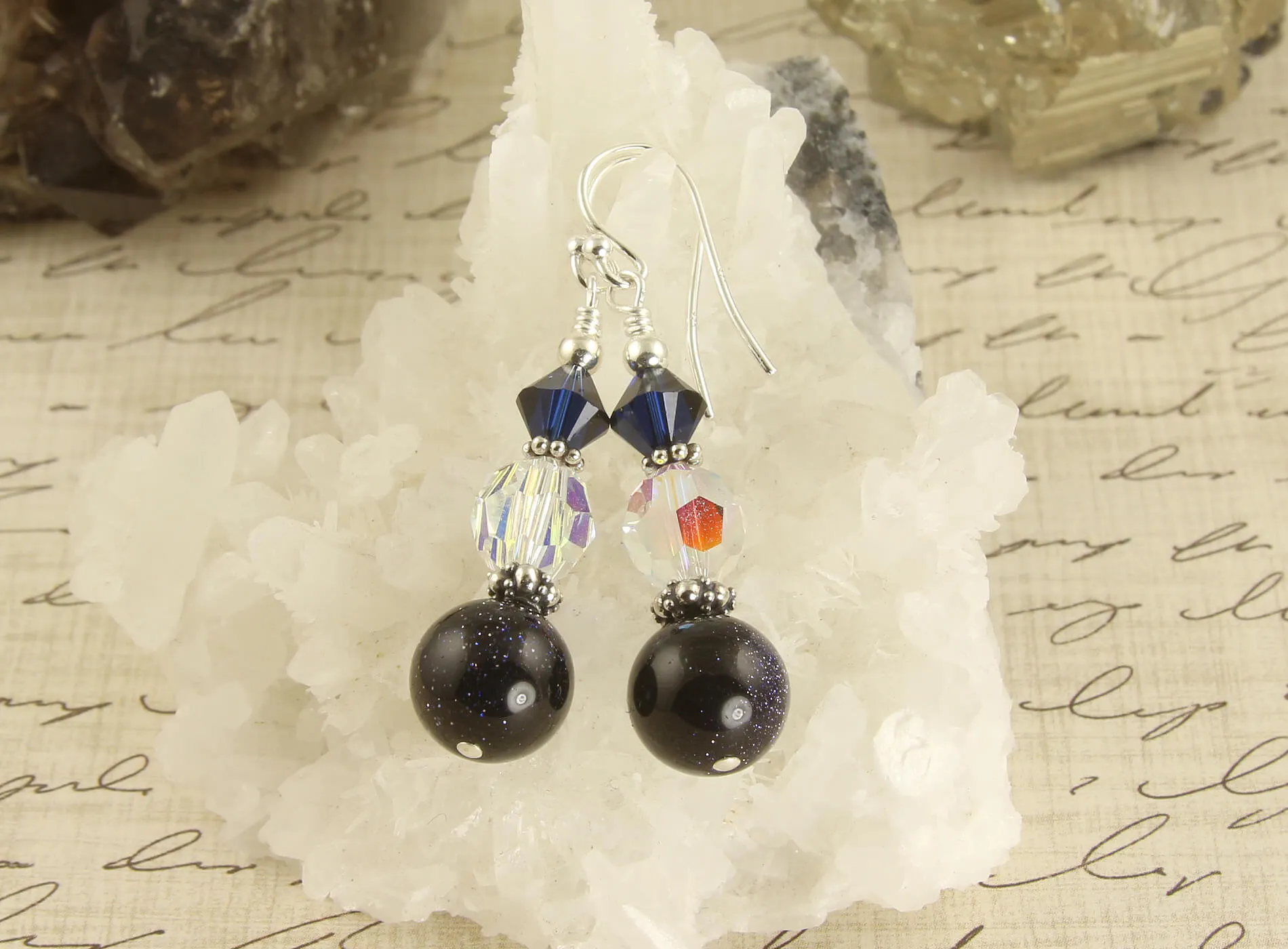 Blue Goldstone Crystal Beaded Earrings