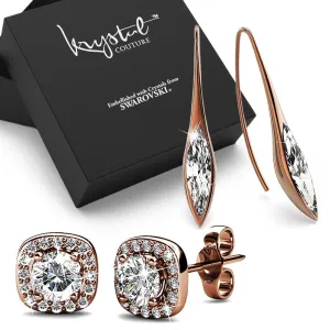 Boxed 2 Pairs Rose Gold Layered Earrings Set Embellished with SWAROVSKI crystals