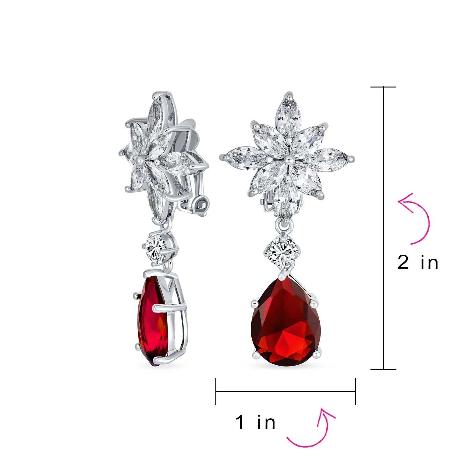 Bridal Art Deco Cluster Floral CZ Teardrop Chandelier Clip-On Earrings RubyOnyx