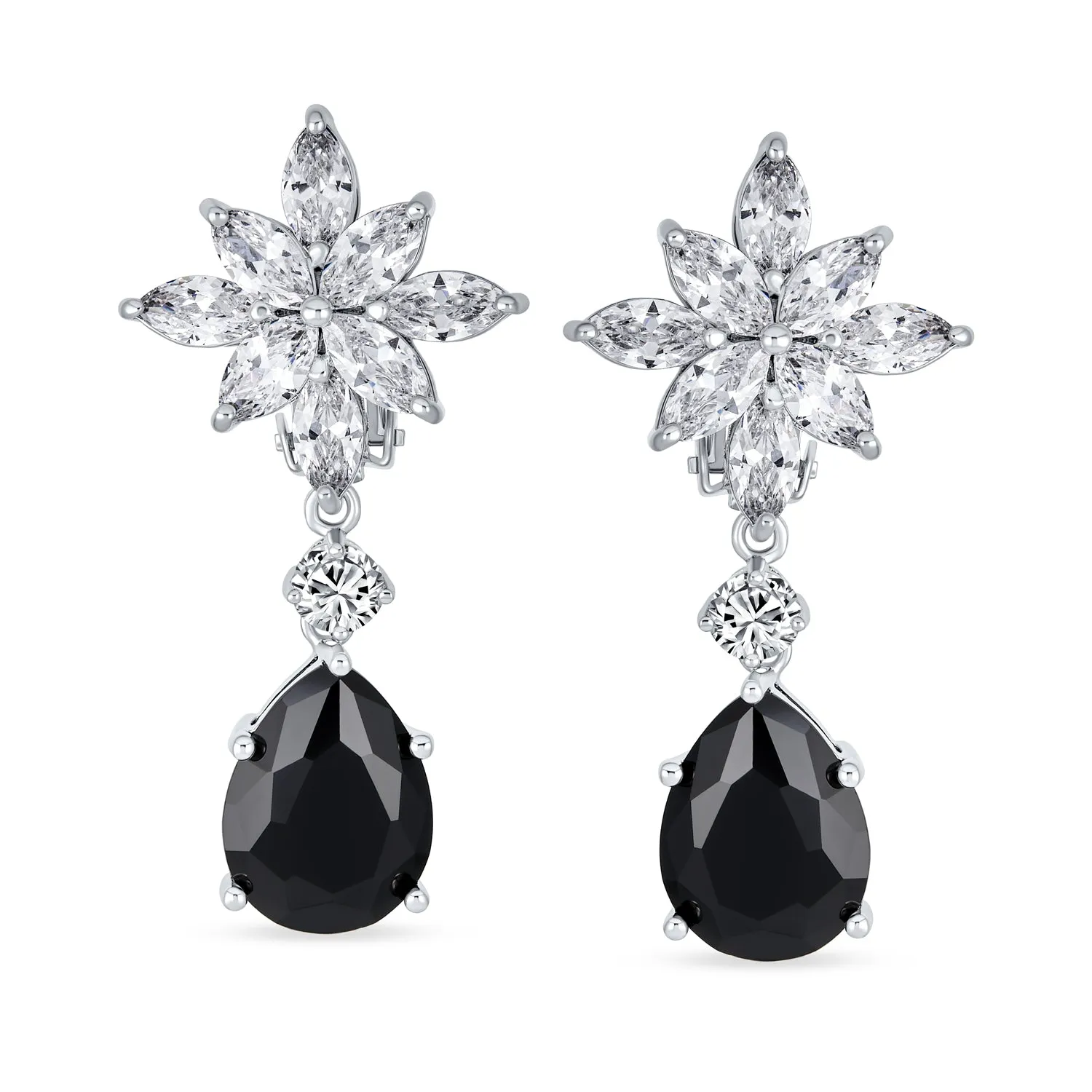 Bridal Art Deco Cluster Floral CZ Teardrop Chandelier Clip-On Earrings RubyOnyx