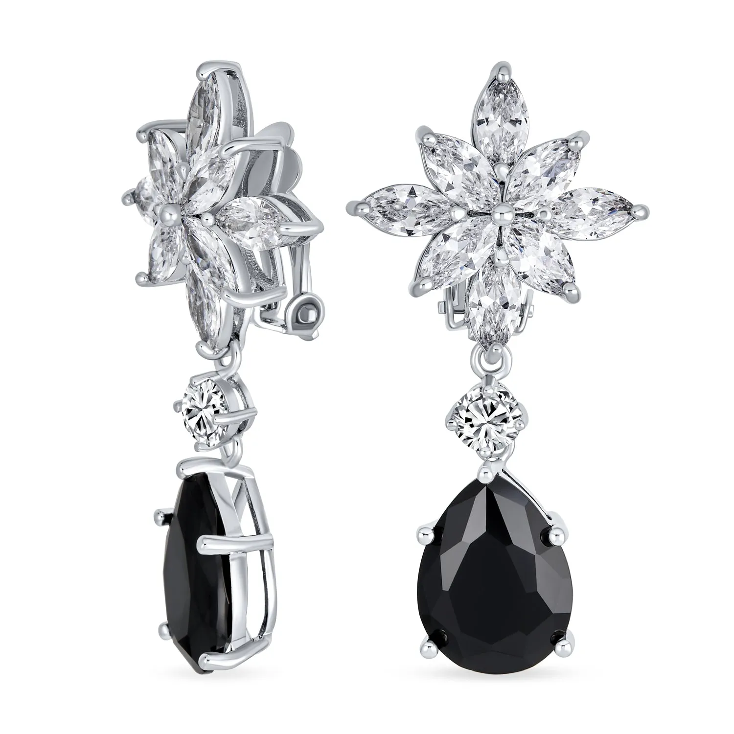 Bridal Art Deco Cluster Floral CZ Teardrop Chandelier Clip-On Earrings RubyOnyx