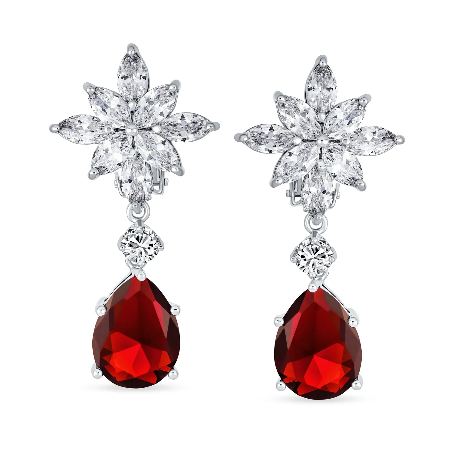 Bridal Art Deco Cluster Floral CZ Teardrop Chandelier Clip-On Earrings RubyOnyx