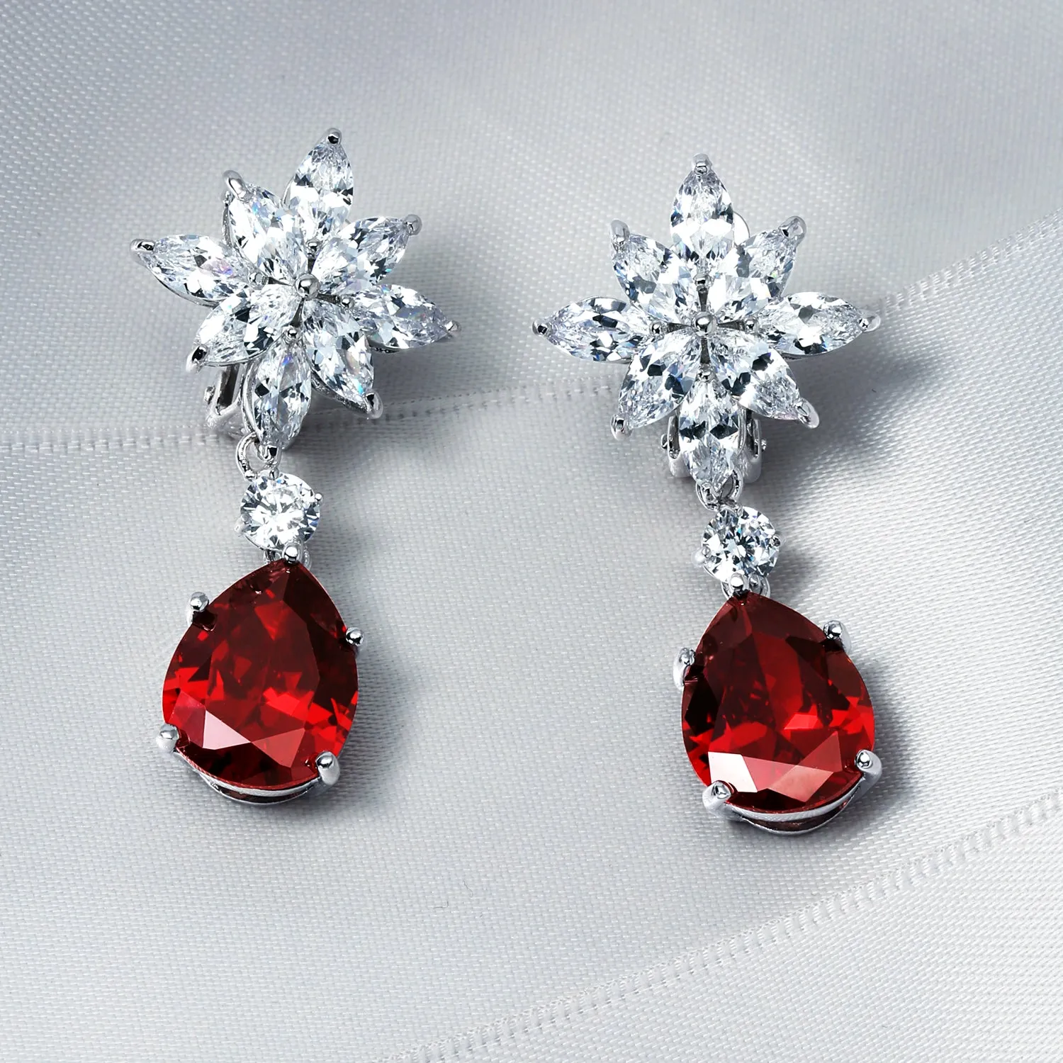 Bridal Art Deco Cluster Floral CZ Teardrop Chandelier Clip-On Earrings RubyOnyx