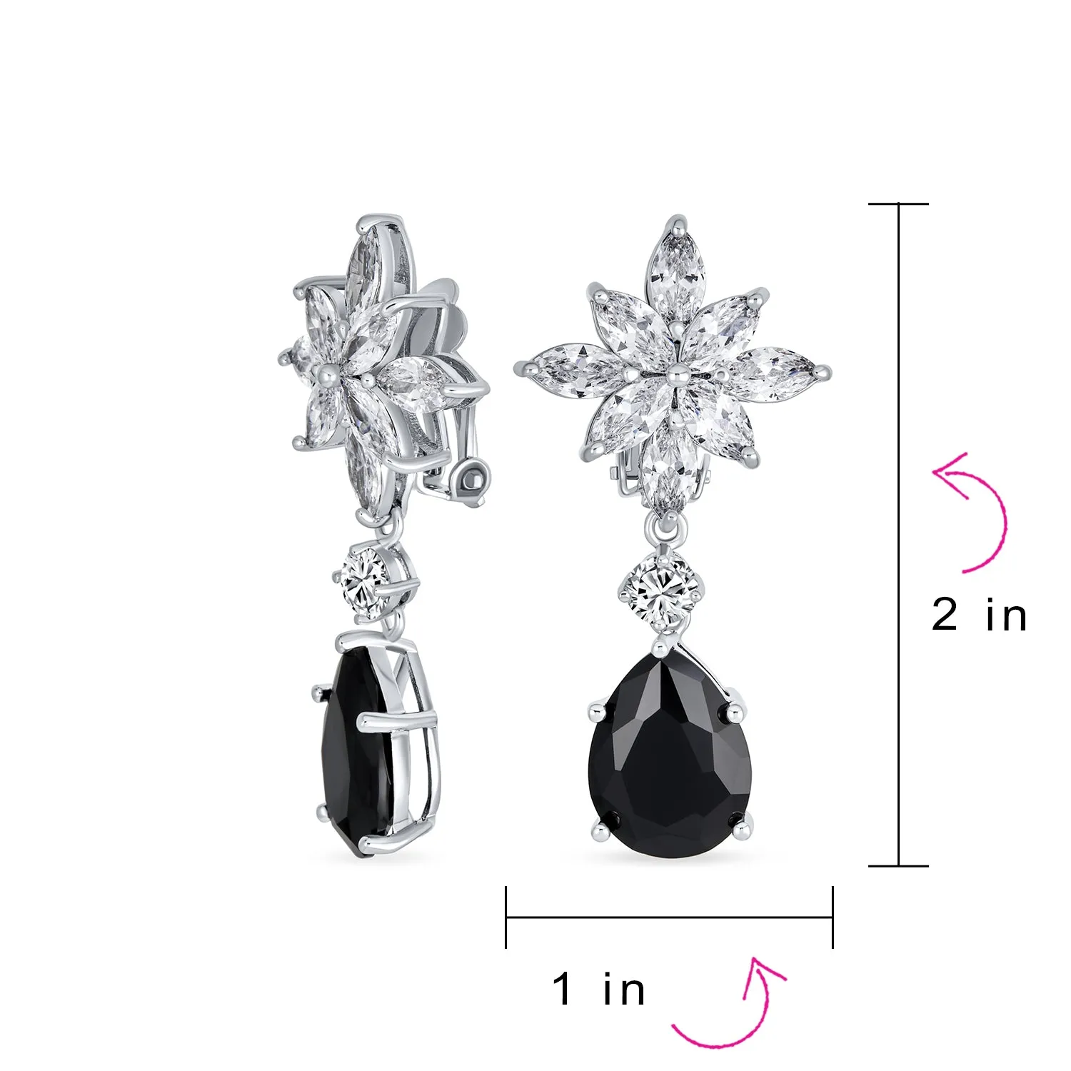 Bridal Art Deco Cluster Floral CZ Teardrop Chandelier Clip-On Earrings RubyOnyx