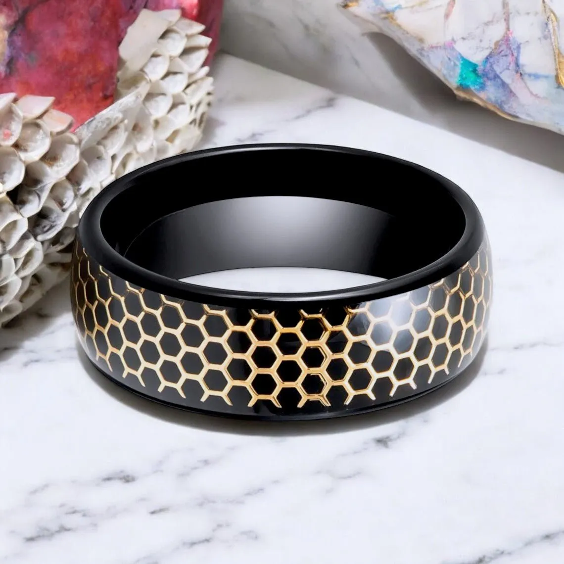 CASTORLAND | Black Tungsten Ring, Gold Honeycomb Inlay, Domed