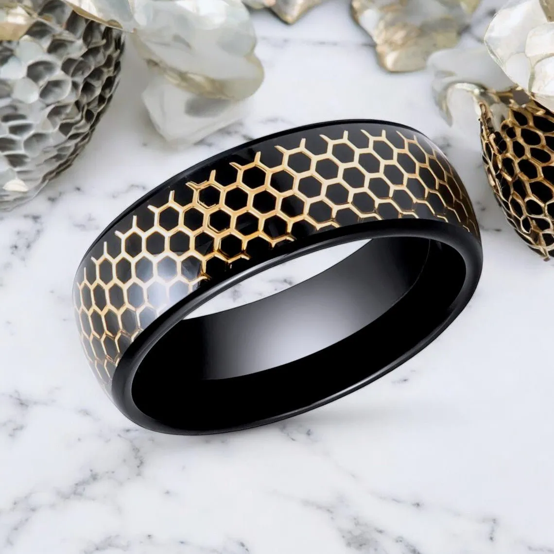 CASTORLAND | Black Tungsten Ring, Gold Honeycomb Inlay, Domed