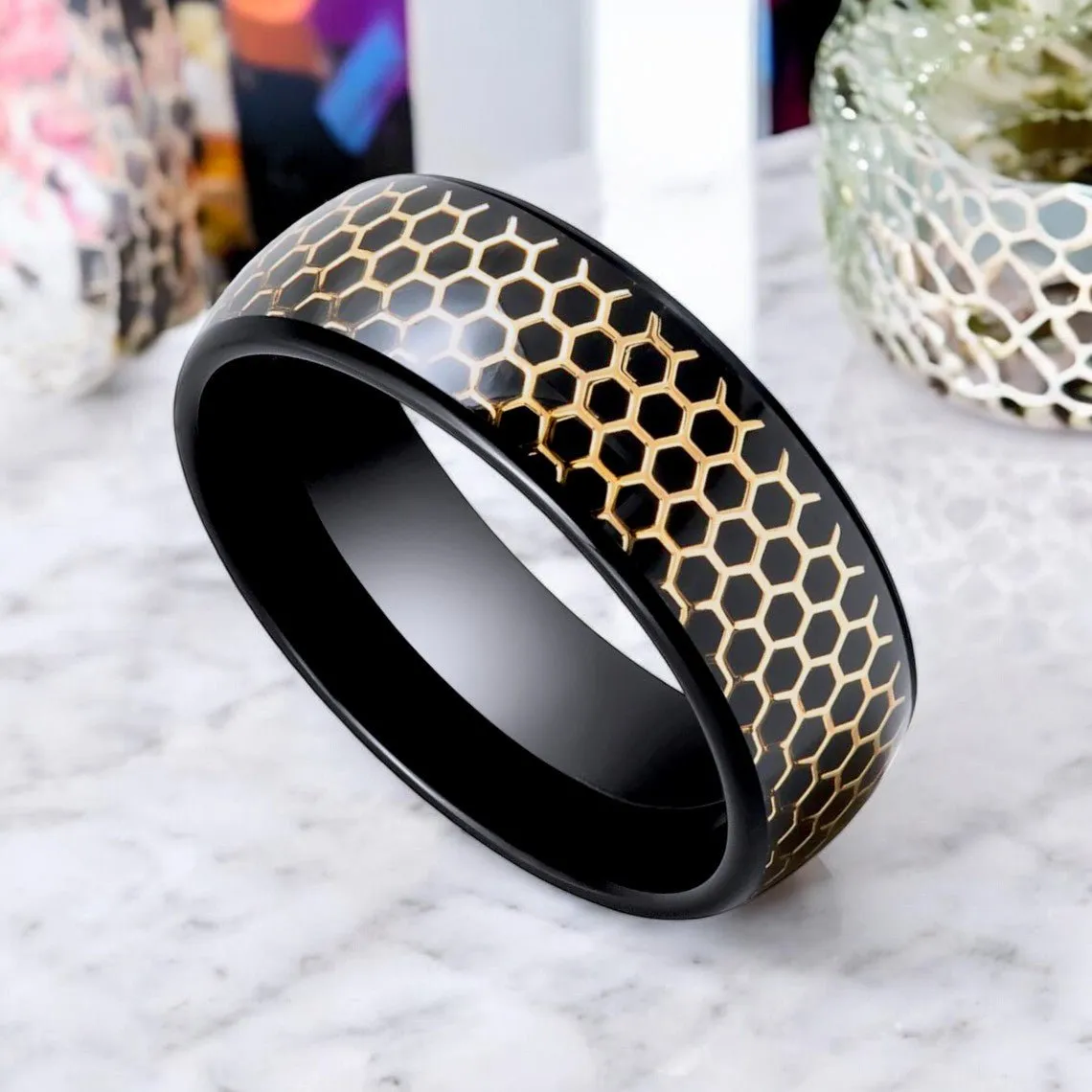 CASTORLAND | Black Tungsten Ring, Gold Honeycomb Inlay, Domed