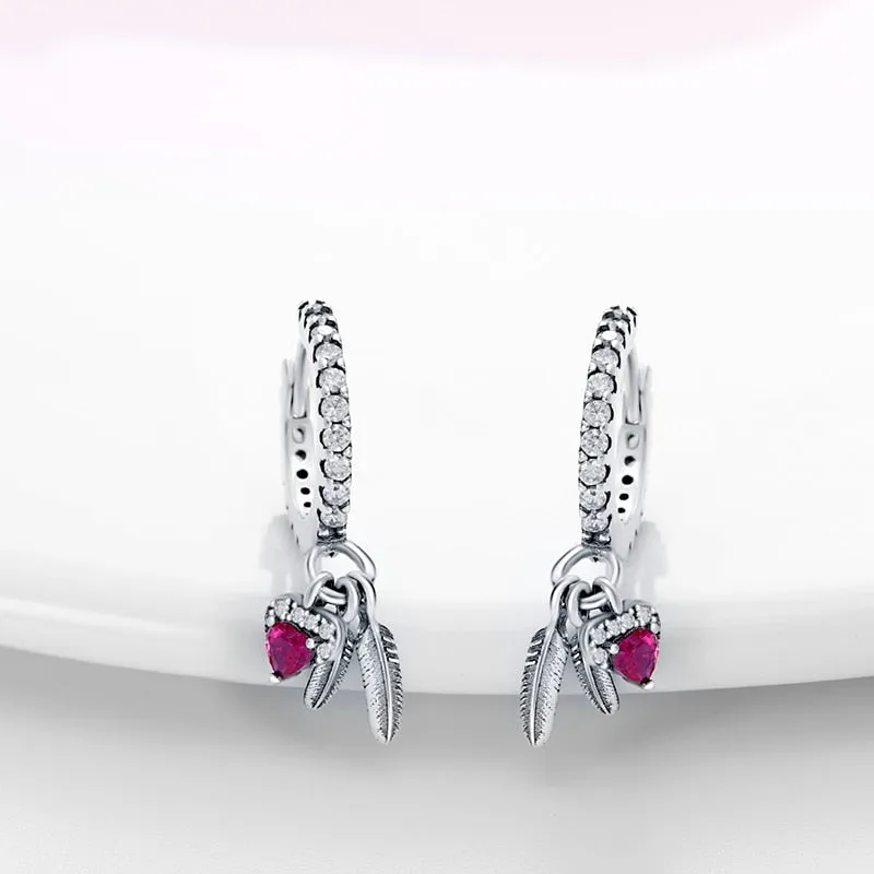 Classic Sparkling Pink Heart Zirconia Feather Earrings