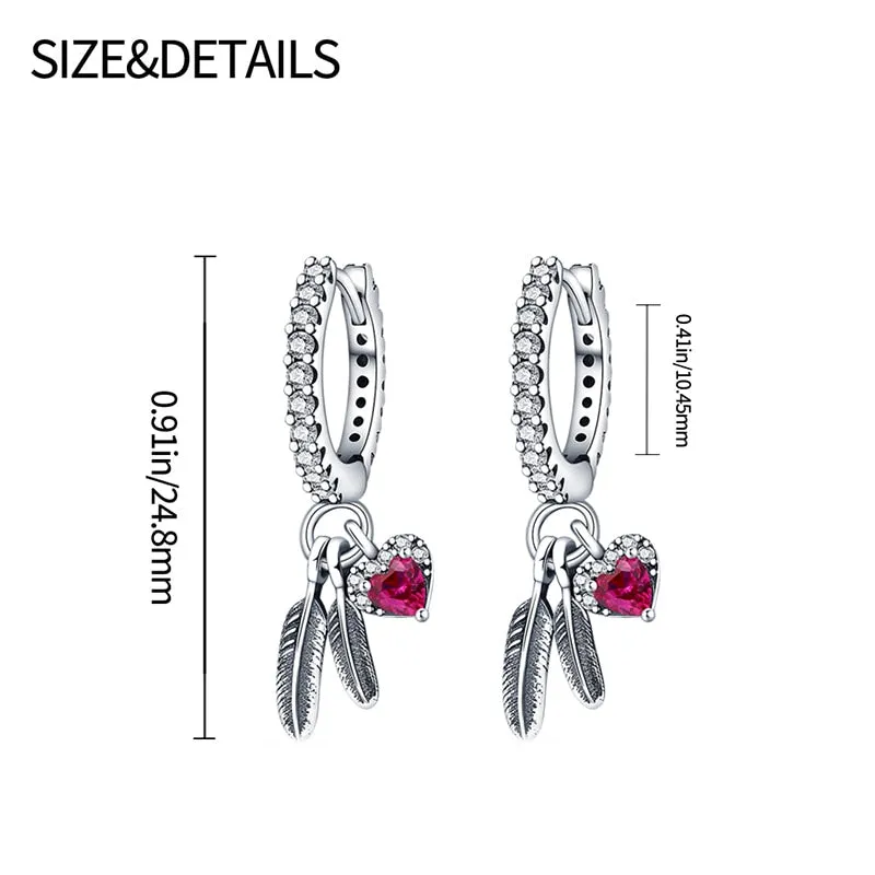 Classic Sparkling Pink Heart Zirconia Feather Earrings