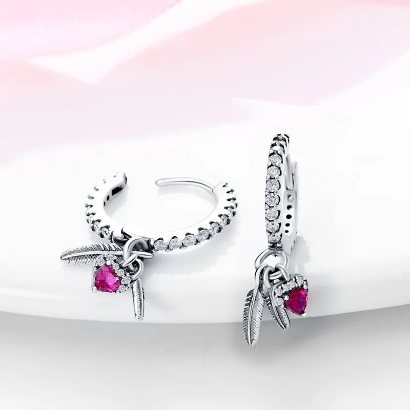 Classic Sparkling Pink Heart Zirconia Feather Earrings