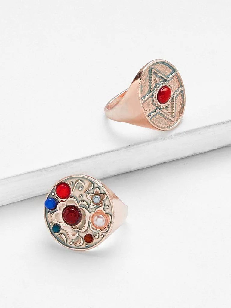 Color Block Detail Ring Set 2pcs