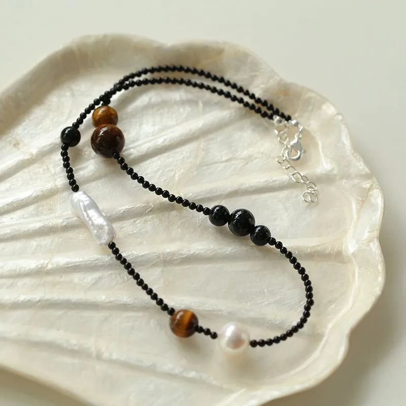 Contrasting Aesthetics Black Agate Tiger Eye Stone Necklace