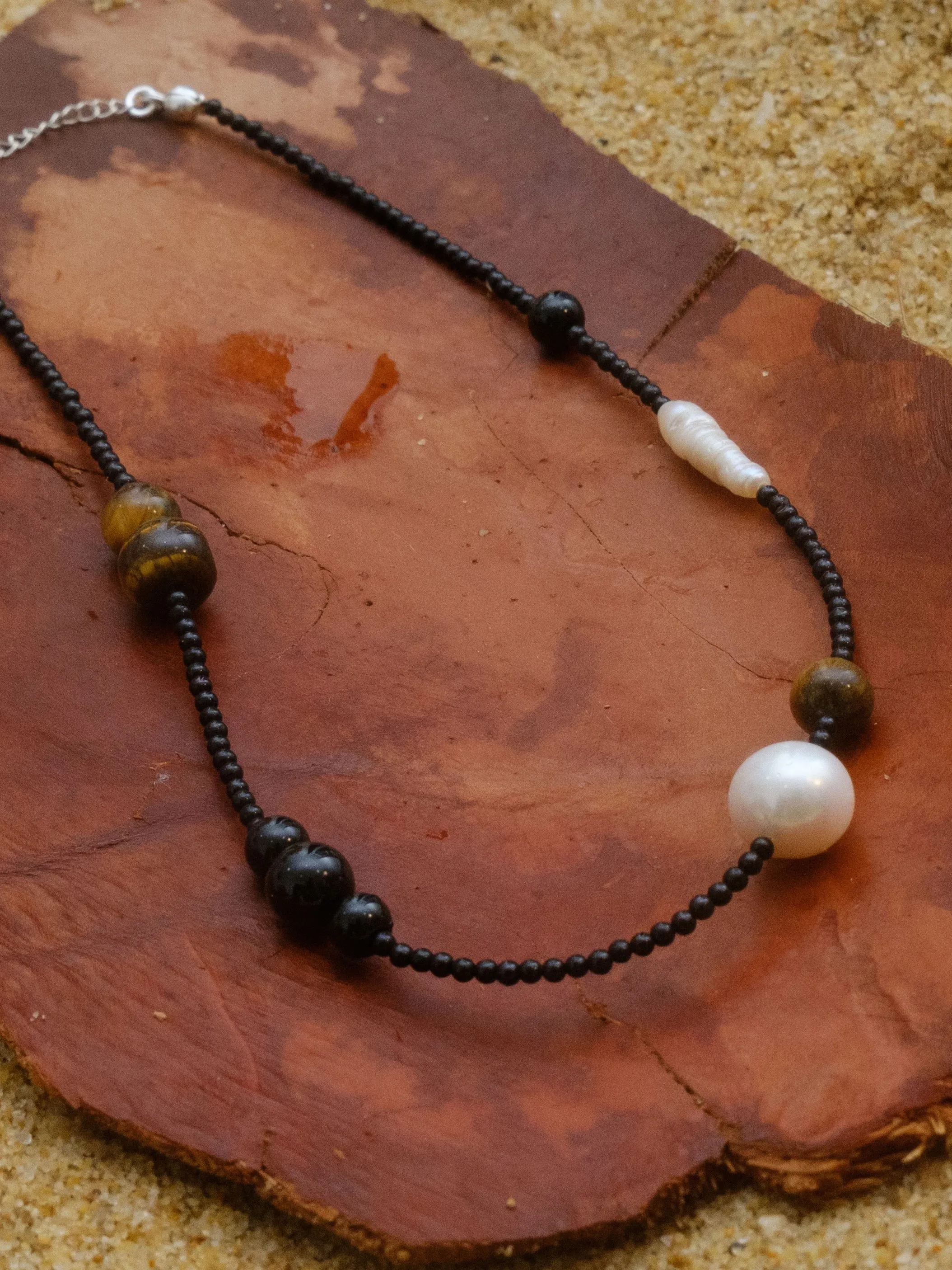 Contrasting Aesthetics Black Agate Tiger Eye Stone Necklace