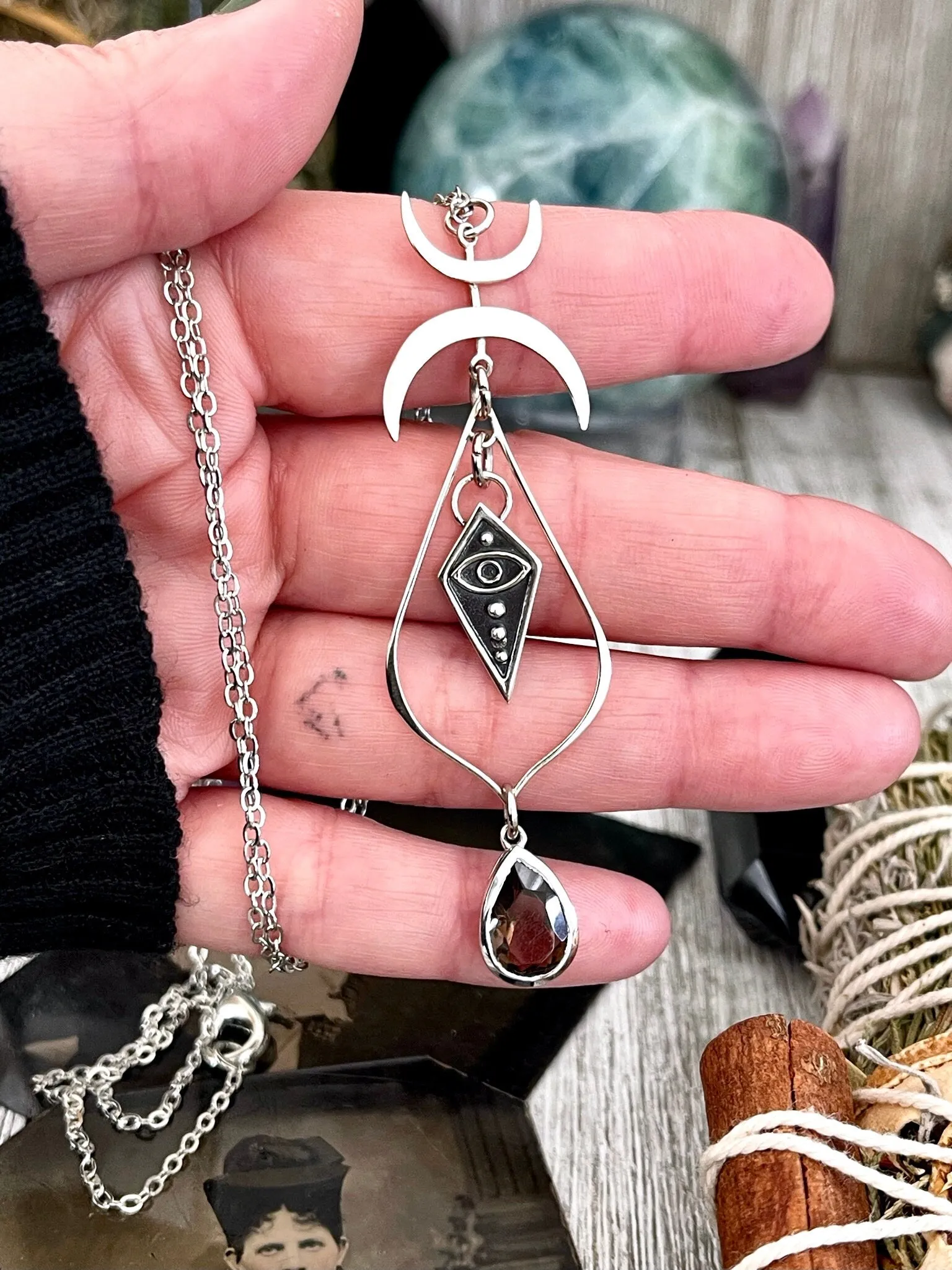 Diamond Eye and Smokey Quartz Talisman Necklace / Talisman Collection- Sterling Silver