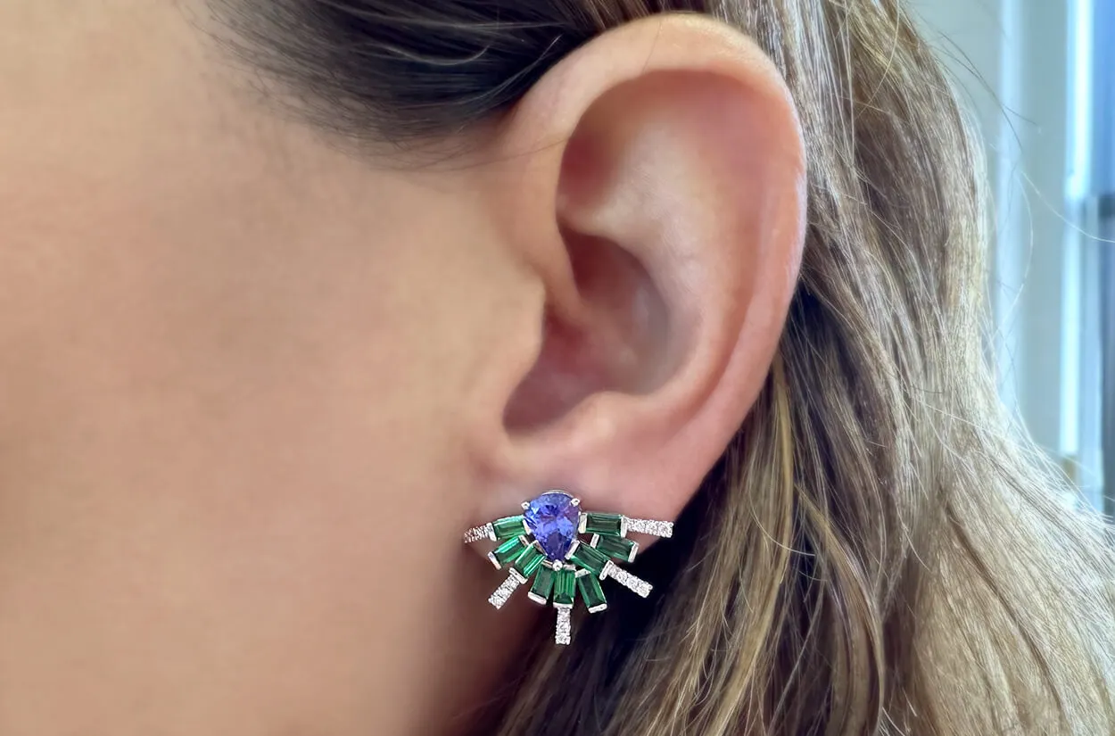 Earrings 18kt White Gold Tanzanites Tsavorites & Diamonds Climbers