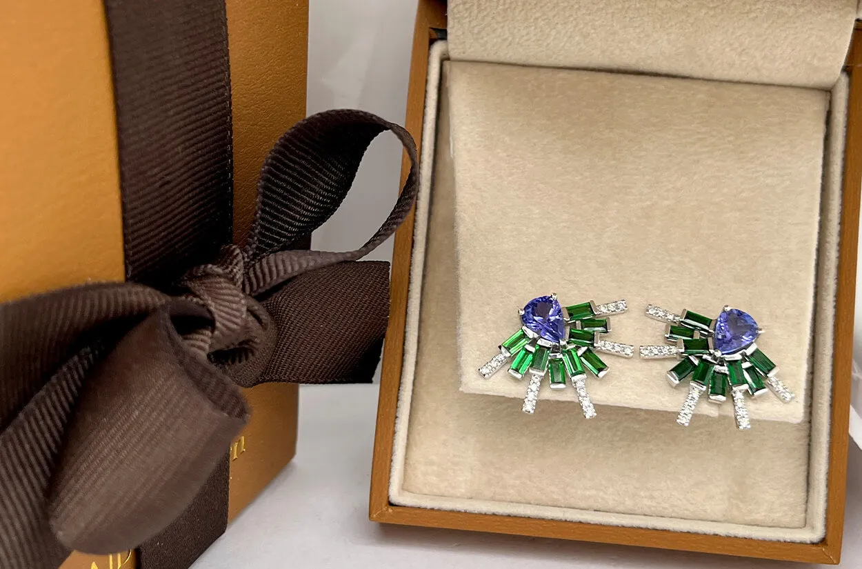 Earrings 18kt White Gold Tanzanites Tsavorites & Diamonds Climbers