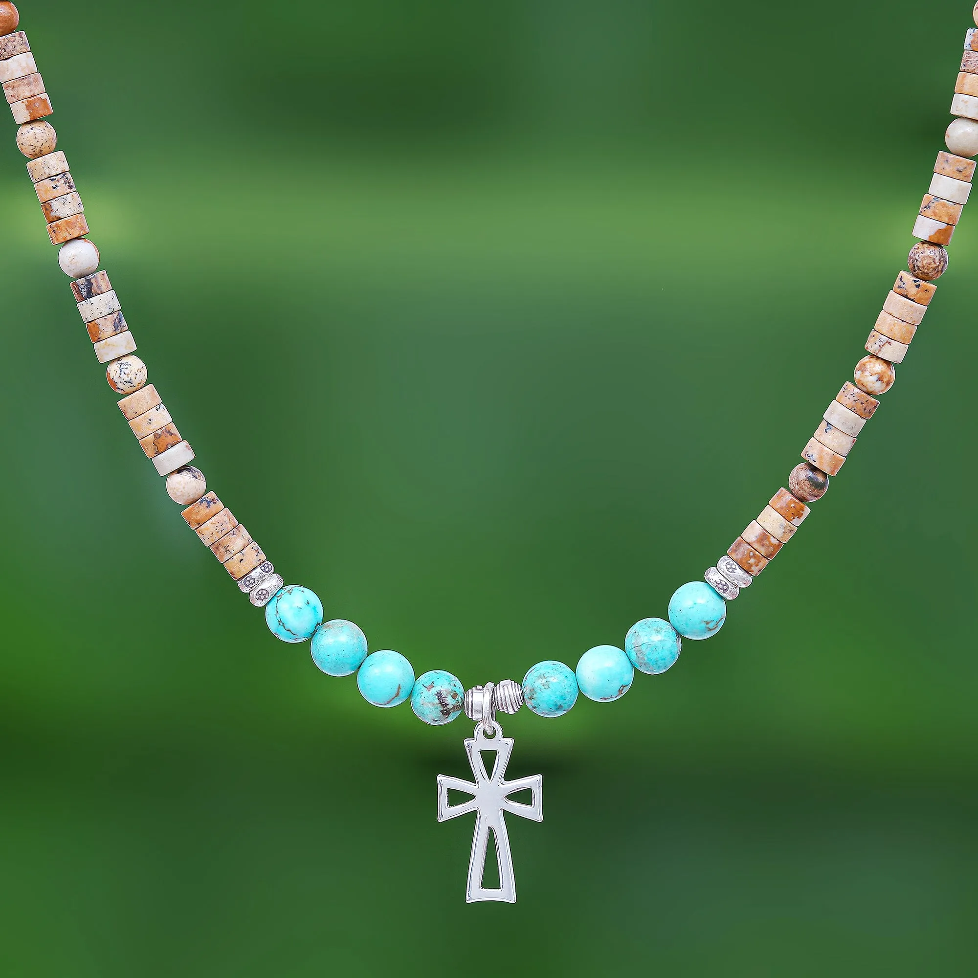 Earthy Cross Multi-Gemstone Beaded Cross Pendant Necklace