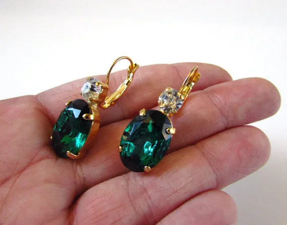 Emerald Green Crystal Earrings - Large Oval 2 stone