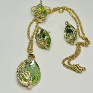 Emerald green crystal Necklace, Earrings, and Ring