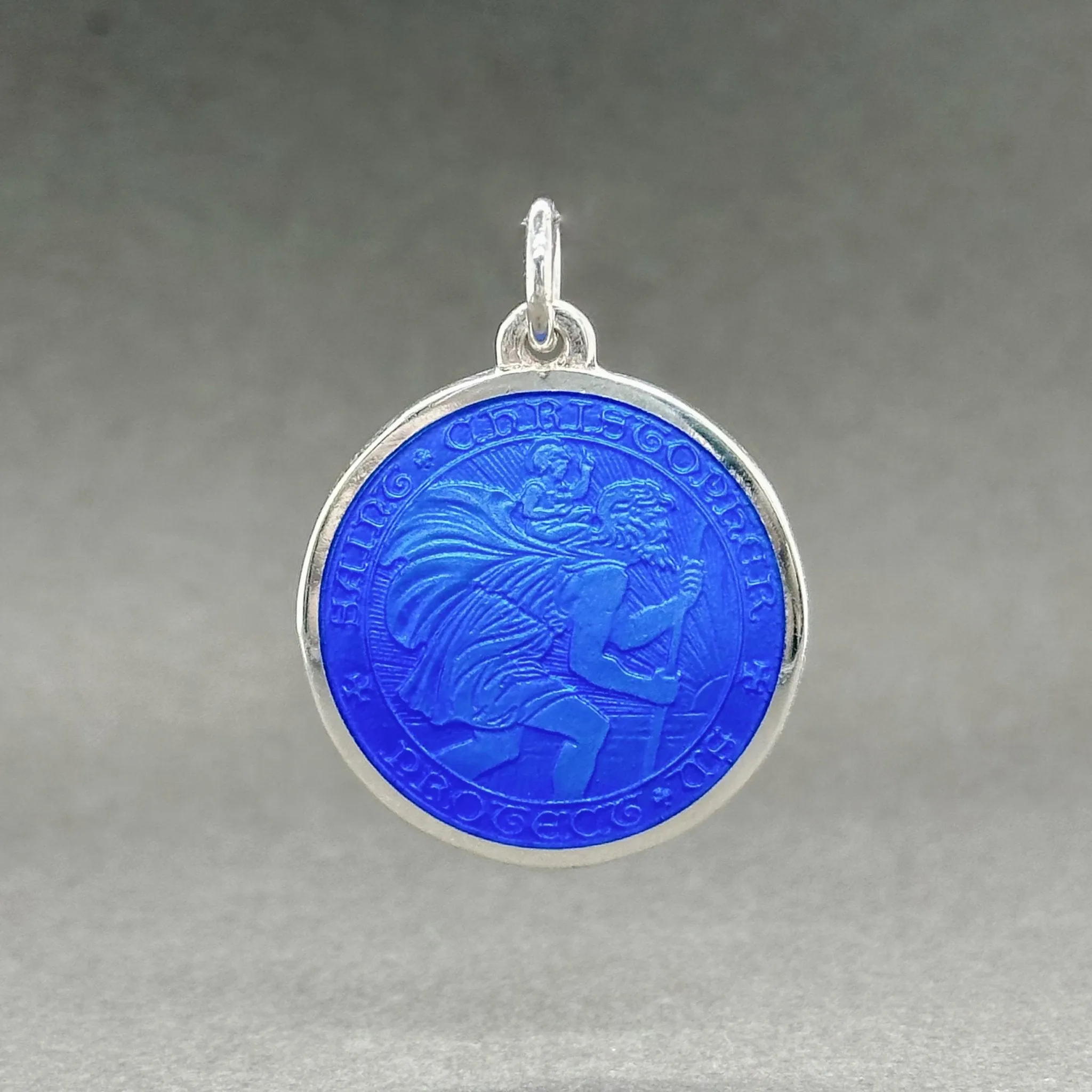 Estate SS Blue Enamel St. Christopher Medal Pendant