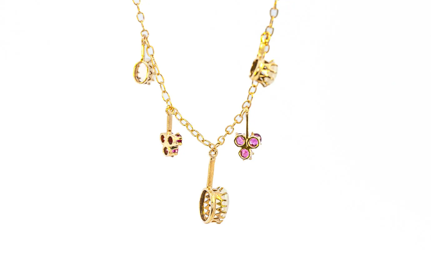 Exquisite Yellow Gold Opal and Ruby Drop Necklace