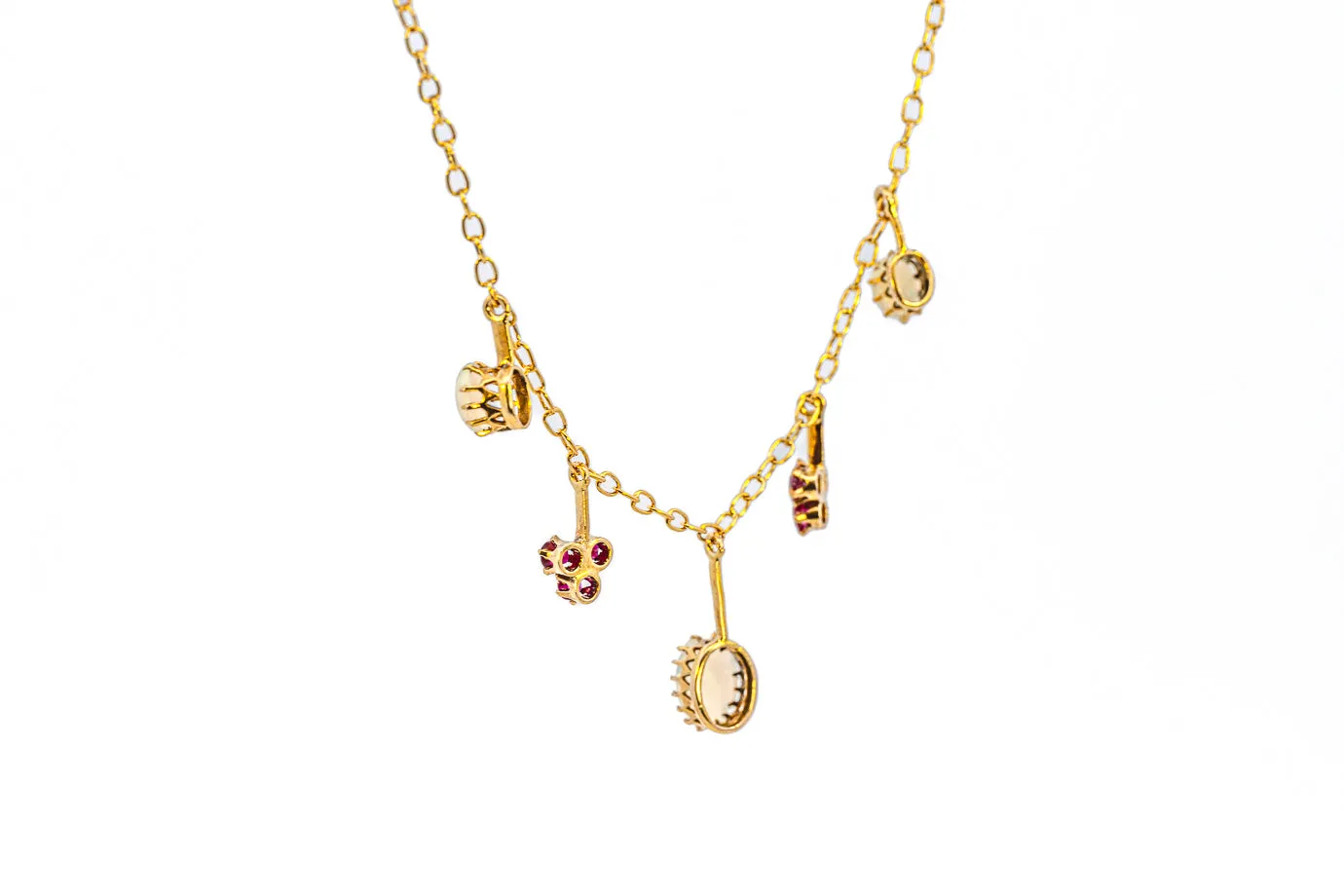 Exquisite Yellow Gold Opal and Ruby Drop Necklace