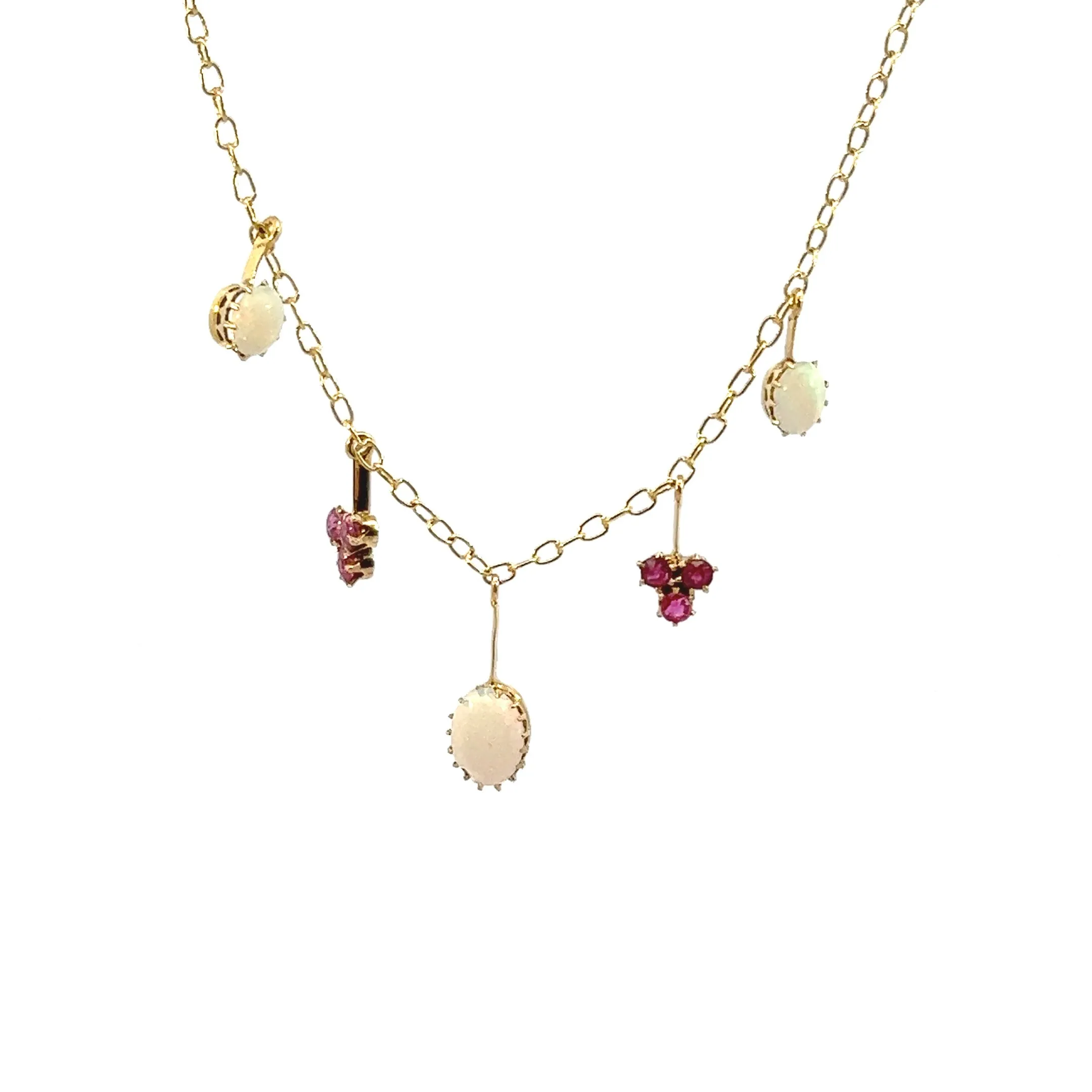 Exquisite Yellow Gold Opal and Ruby Drop Necklace