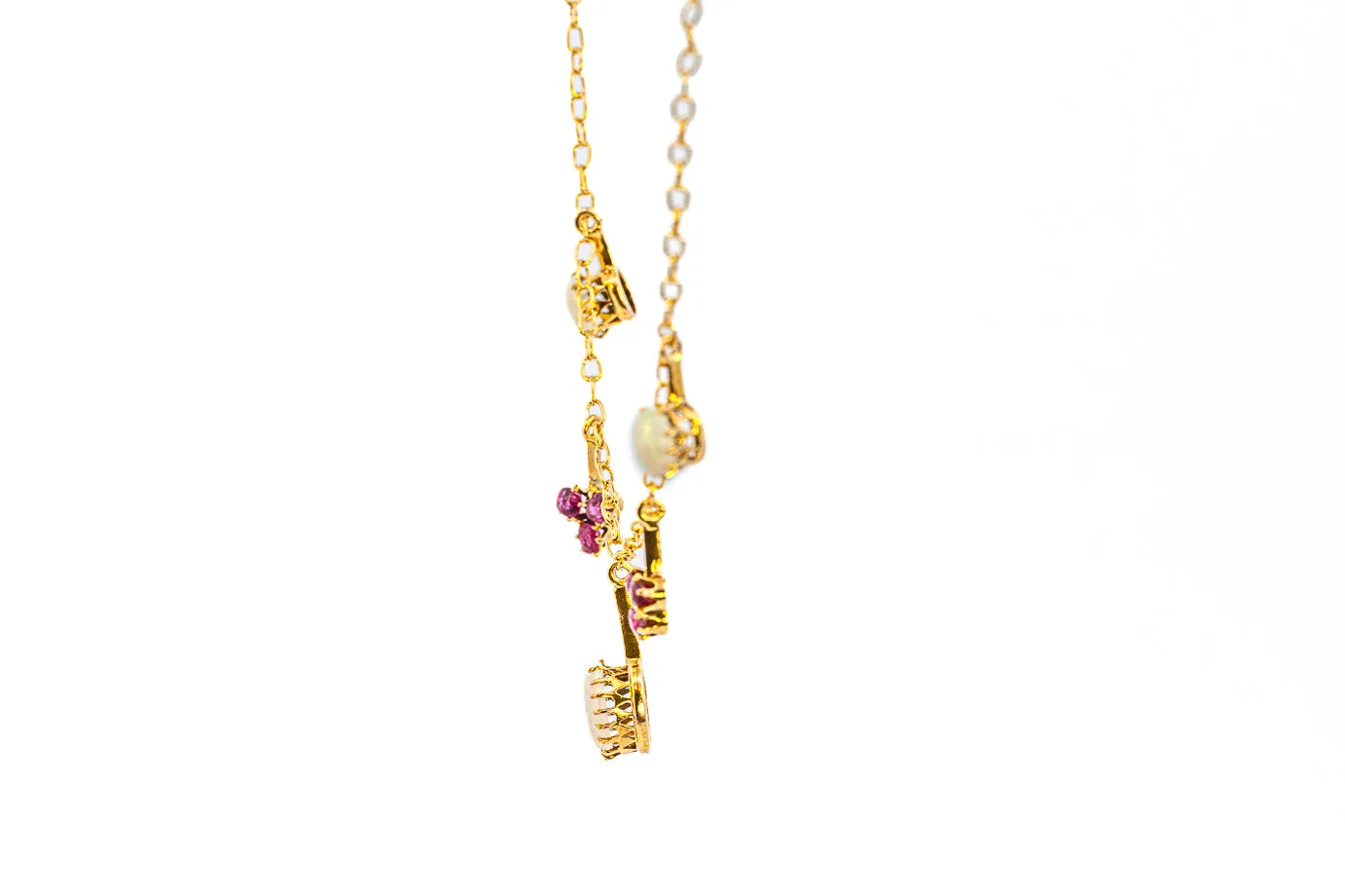 Exquisite Yellow Gold Opal and Ruby Drop Necklace