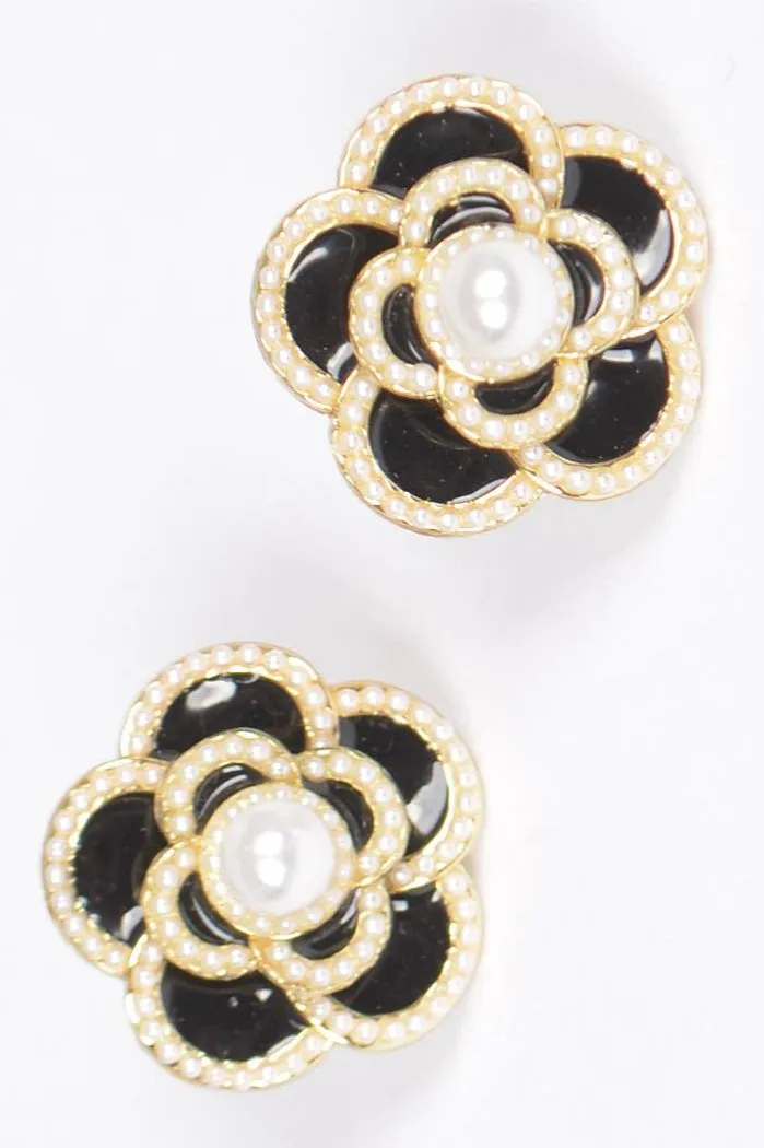 Faux Pearl Enamel Flower Stud Earrings