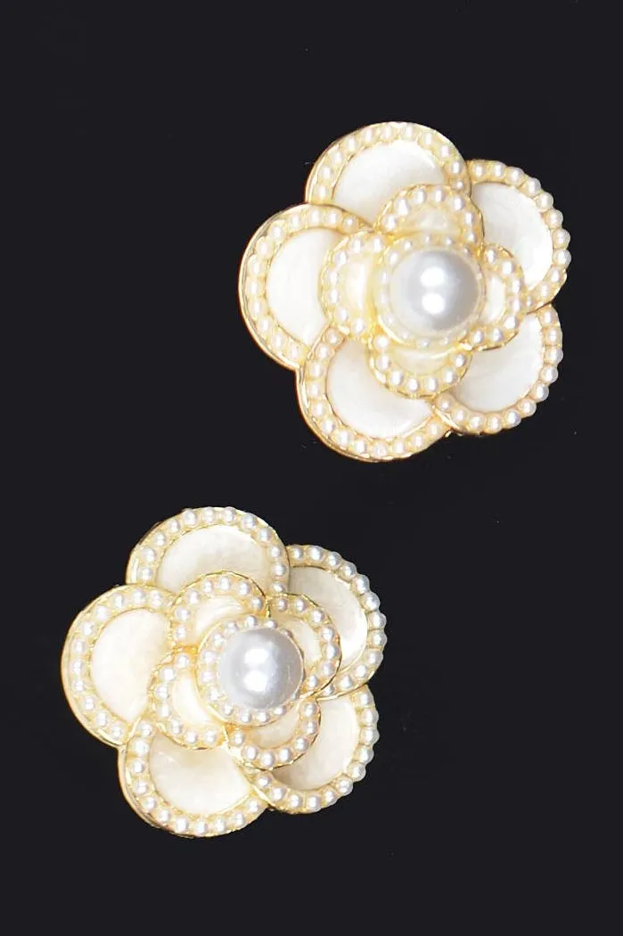 Faux Pearl Enamel Flower Stud Earrings