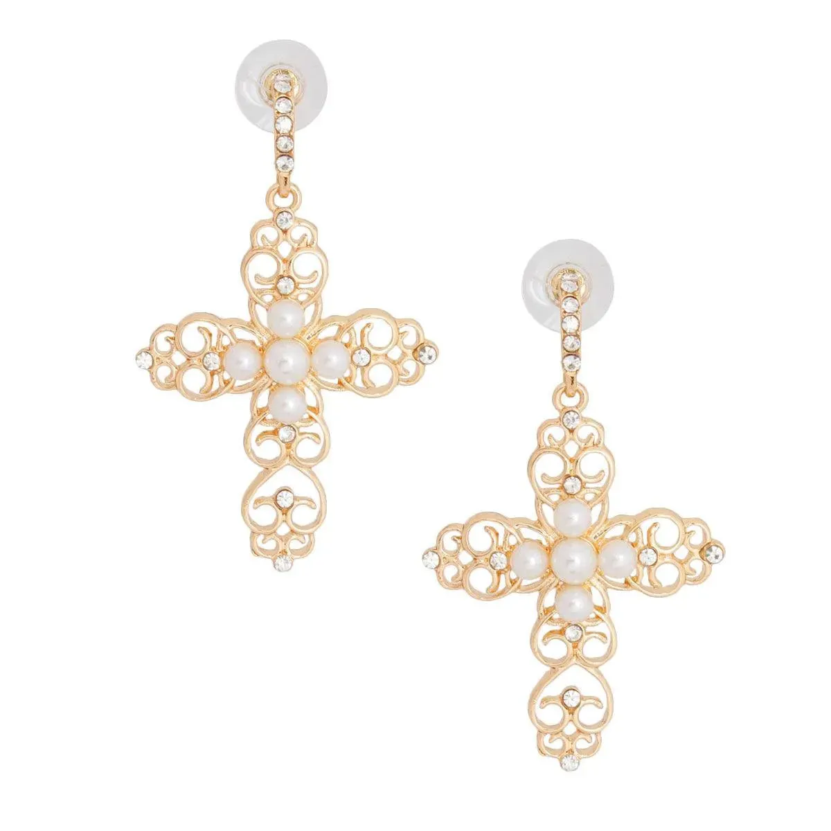 Faux Pearl Open Cross Drop Earrings Gold Tone