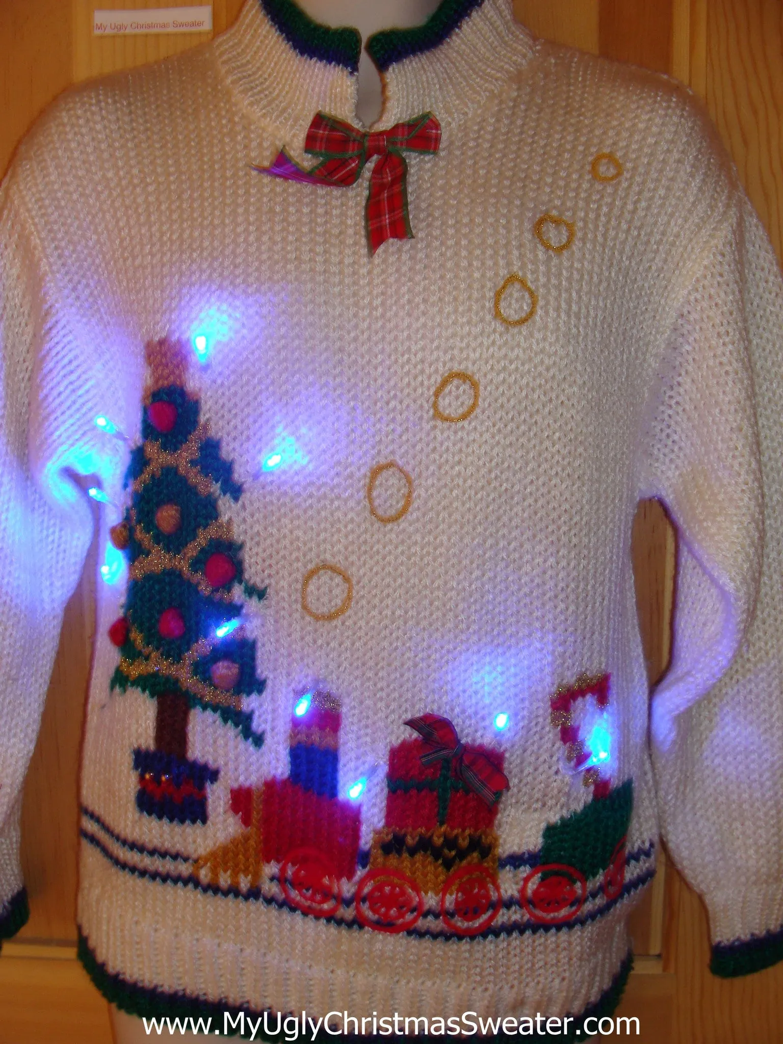 Funny Christmas Sweater with Lights 80s Train Blowing Smoke