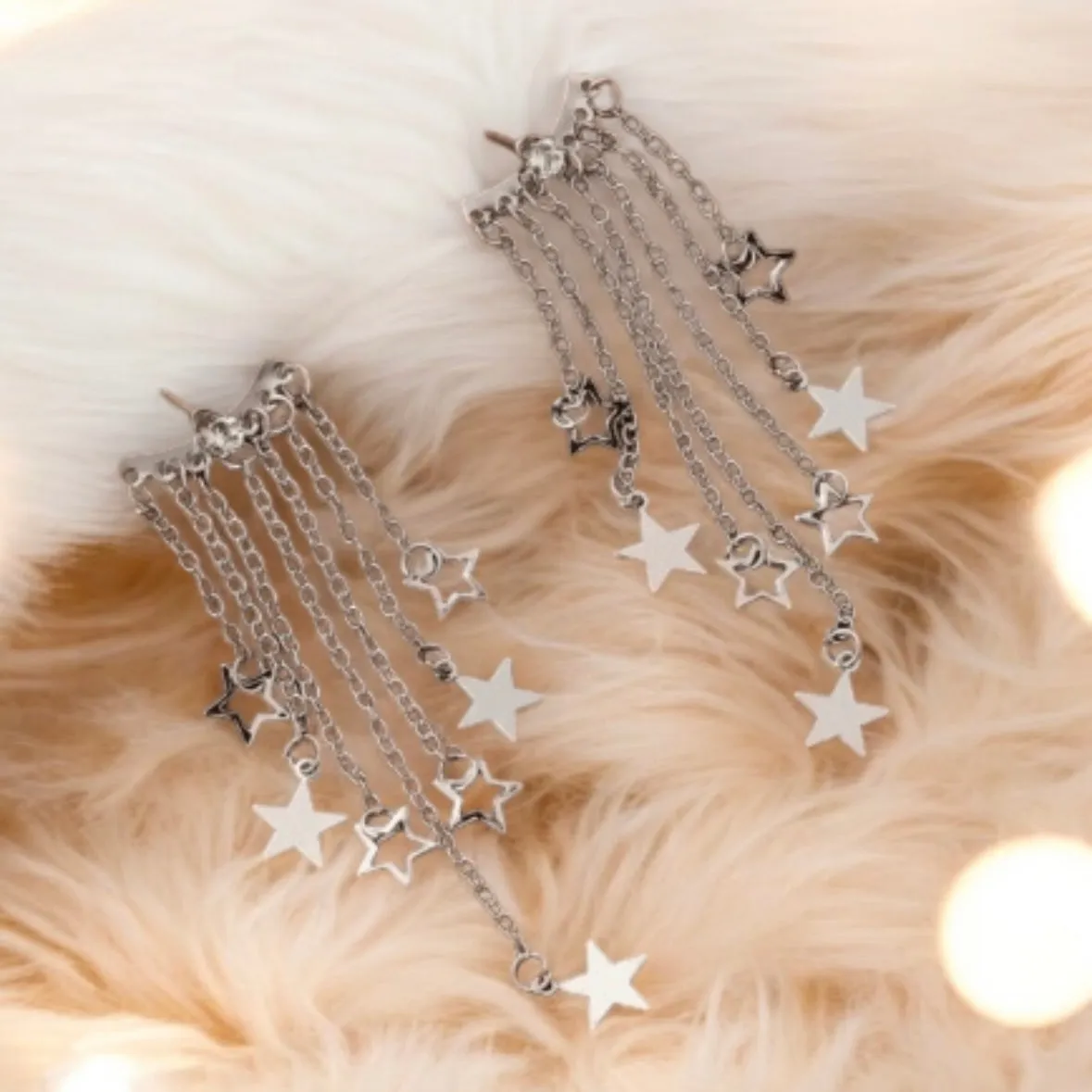 Gold chain glittering star earrings| Golden diamante dangle earrings | Statement earrings | Celestial crystal bead chain jacket earrings