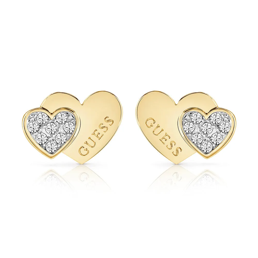 Guess Yellow Gold Plated Double Heart Pave Stud Earrings