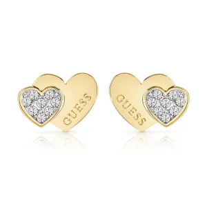 Guess Yellow Gold Plated Double Heart Pave Stud Earrings