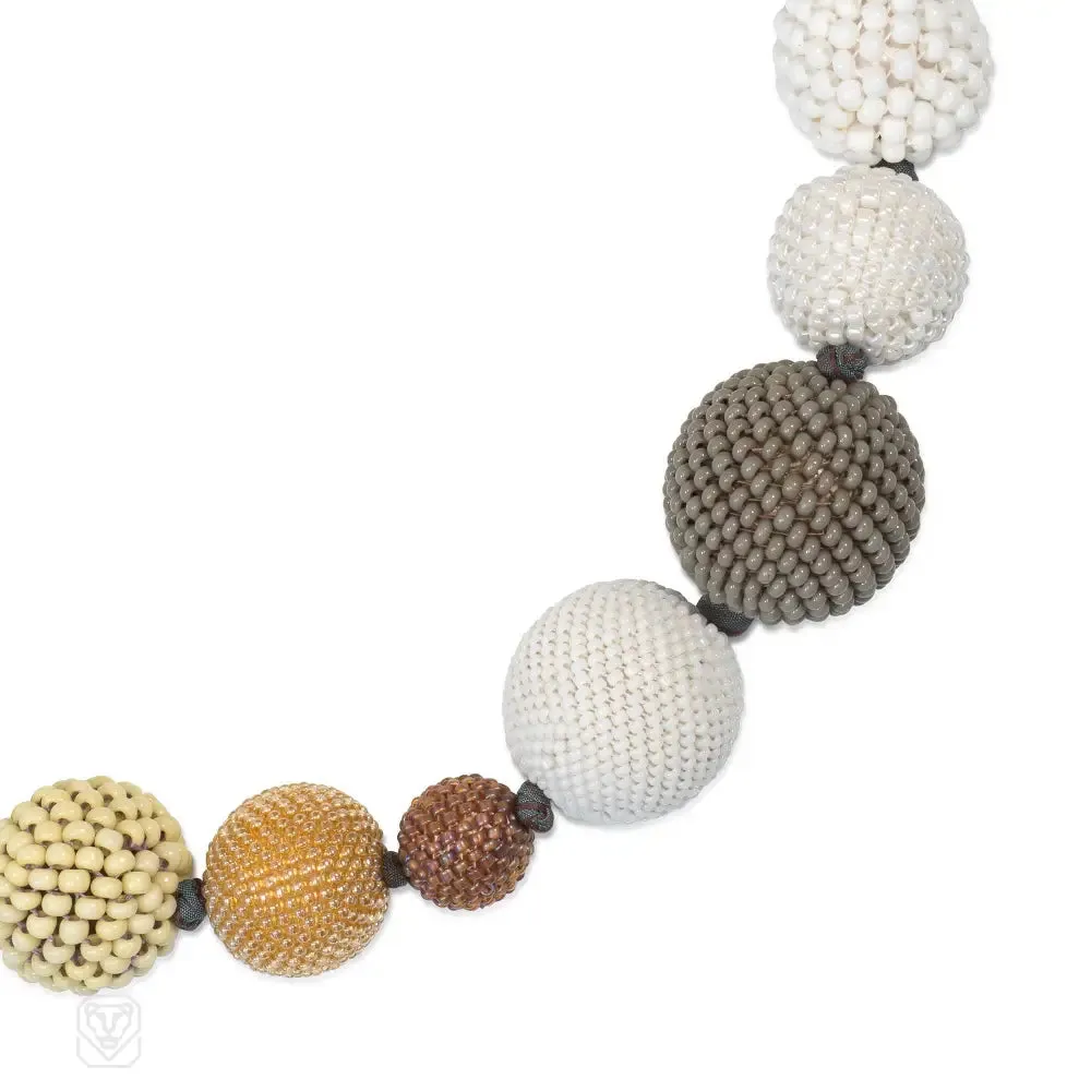 Hand beaded ball necklace in white and earthy tones