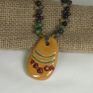 Handmade Green Beaded Necklace with Mustard Artisan Pendant