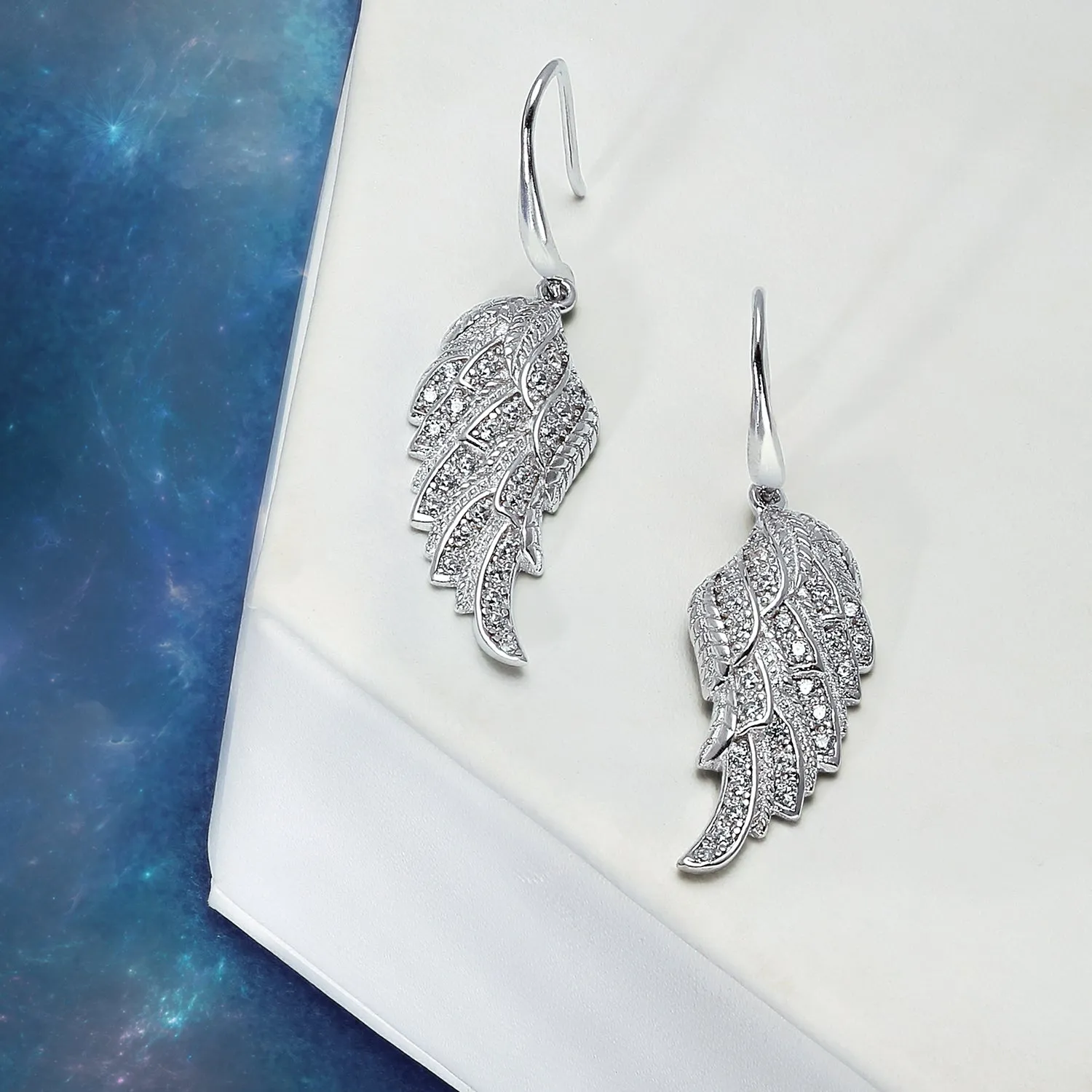 Heavenly Angel Wing Dangle Chandelier Earrings with CZ Pave in Sterling Silver