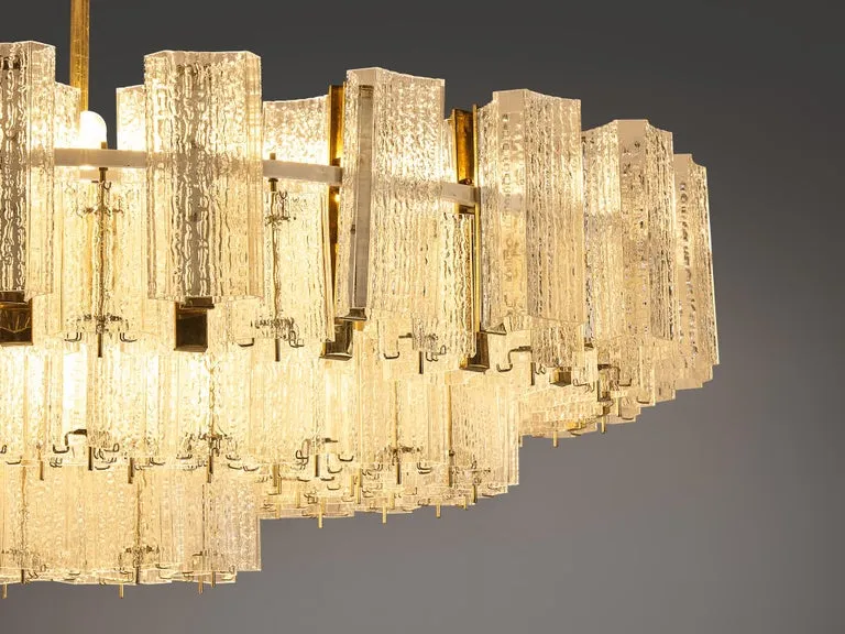 Imposing Chandelier in Textured Glass and Brass 5.7 feet