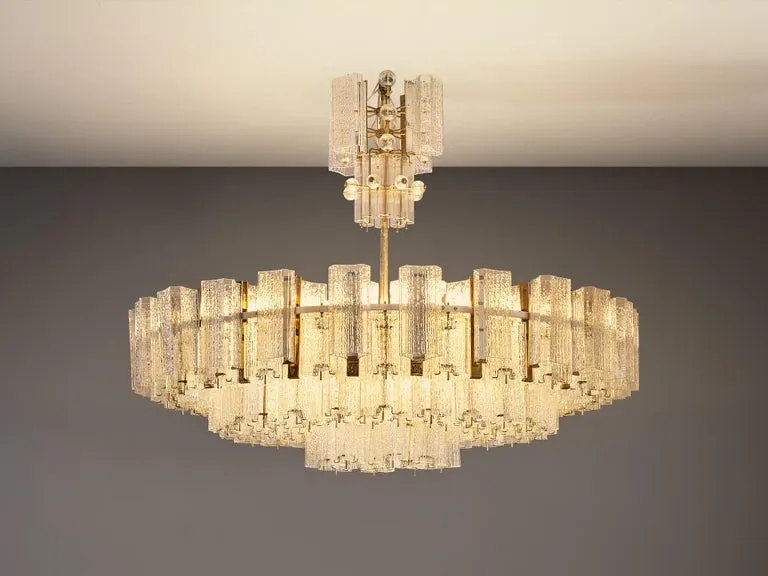 Imposing Chandelier in Textured Glass and Brass 5.7 feet