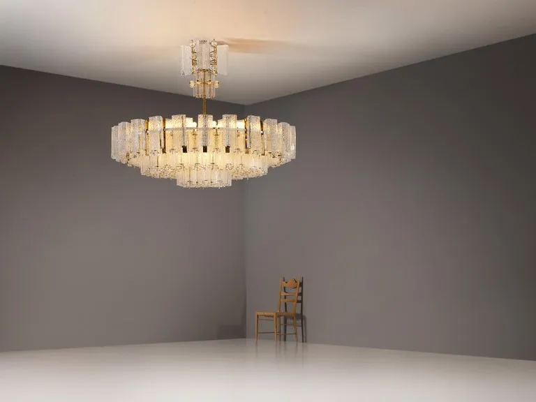 Imposing Chandelier in Textured Glass and Brass 5.7 feet