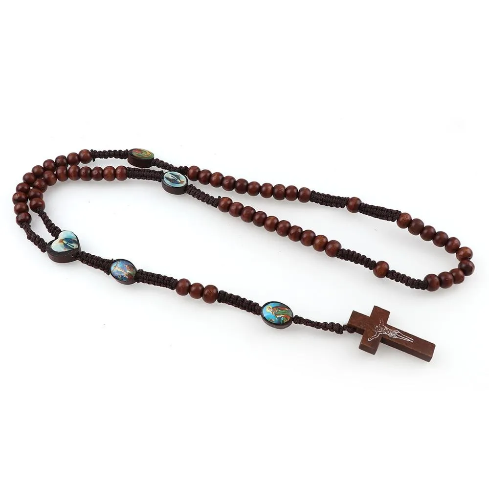 I.N.R.I. Crucifix Jesus Crucifix Cross Wood Rosary Pendant Necklace